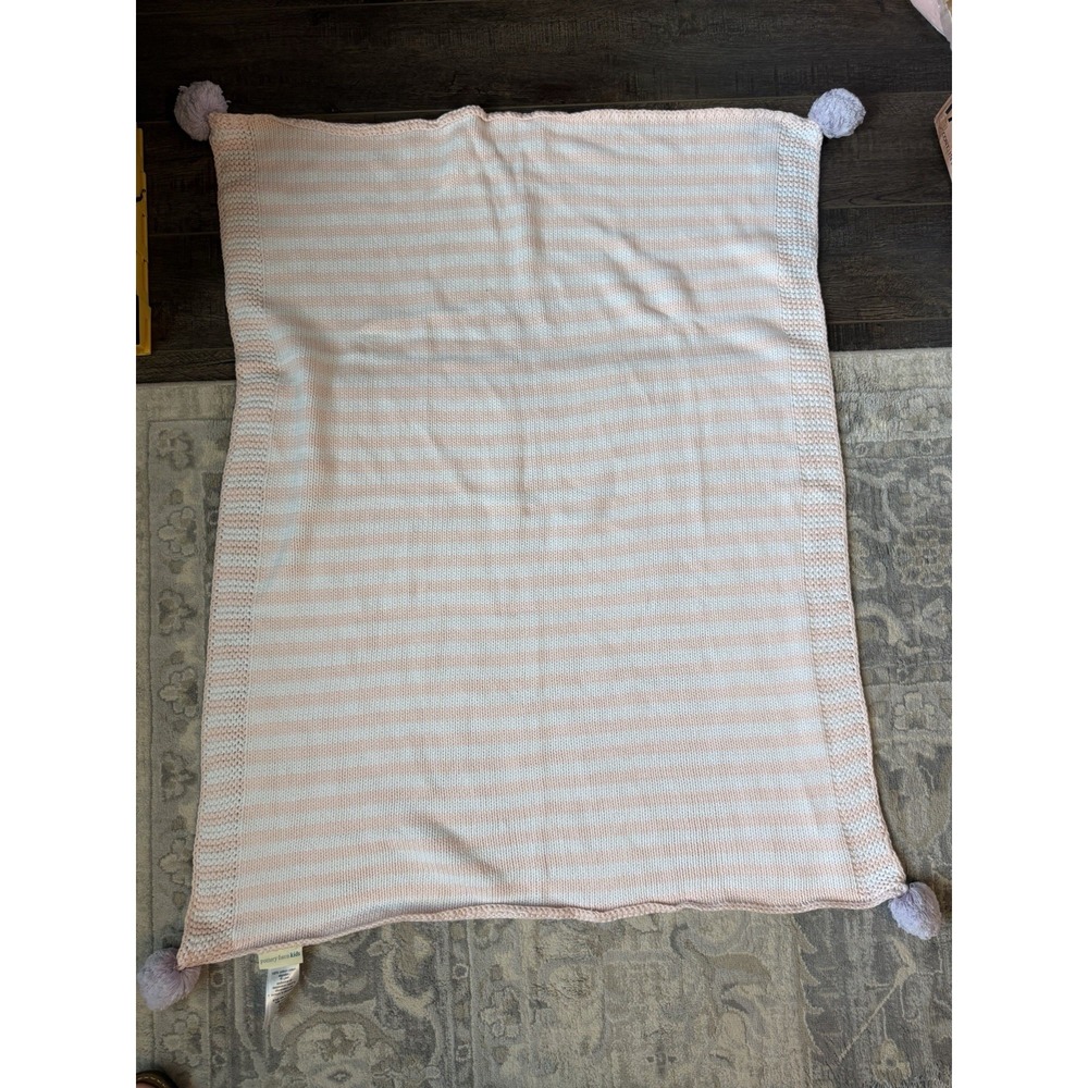 Pottery Barn Kids Cotton Knit Baby Blanket Pink White Striped Pom Pom 30x40 EUC